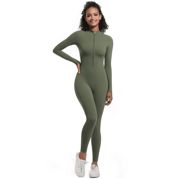 Women’s One-Piece Jumpsuit Full-Length Long Sleeve Zip Front Slim Fit Stretchy Active Bodysuit Yoga Workout Gym Training Athleisure Lounge Wear Soft Lightweight Trendy Essentials