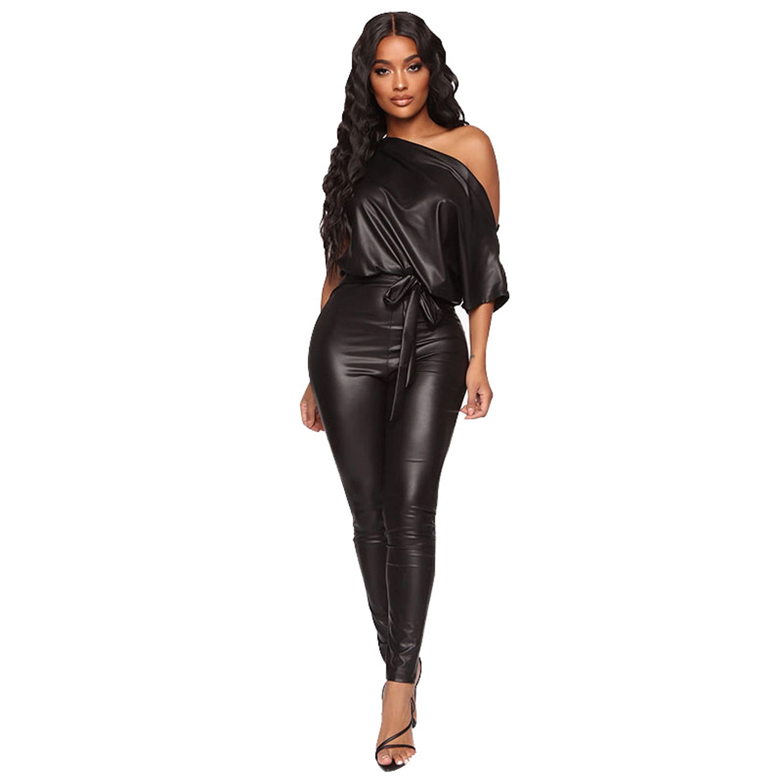 Women's One Piece Jumpsuit Solid One Shoulder Faux Leather