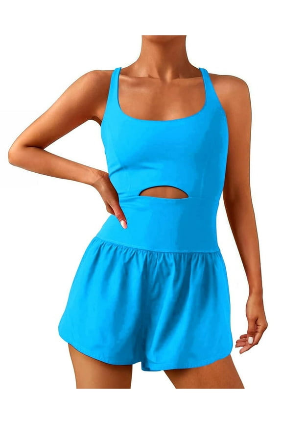 Womens Workout Jumpsuits with Padded Bras One Piece Square Neck Sleeveless Workout Bodysuit Romper Short Pants with Pocket Gym Yoga Outfit Clothes