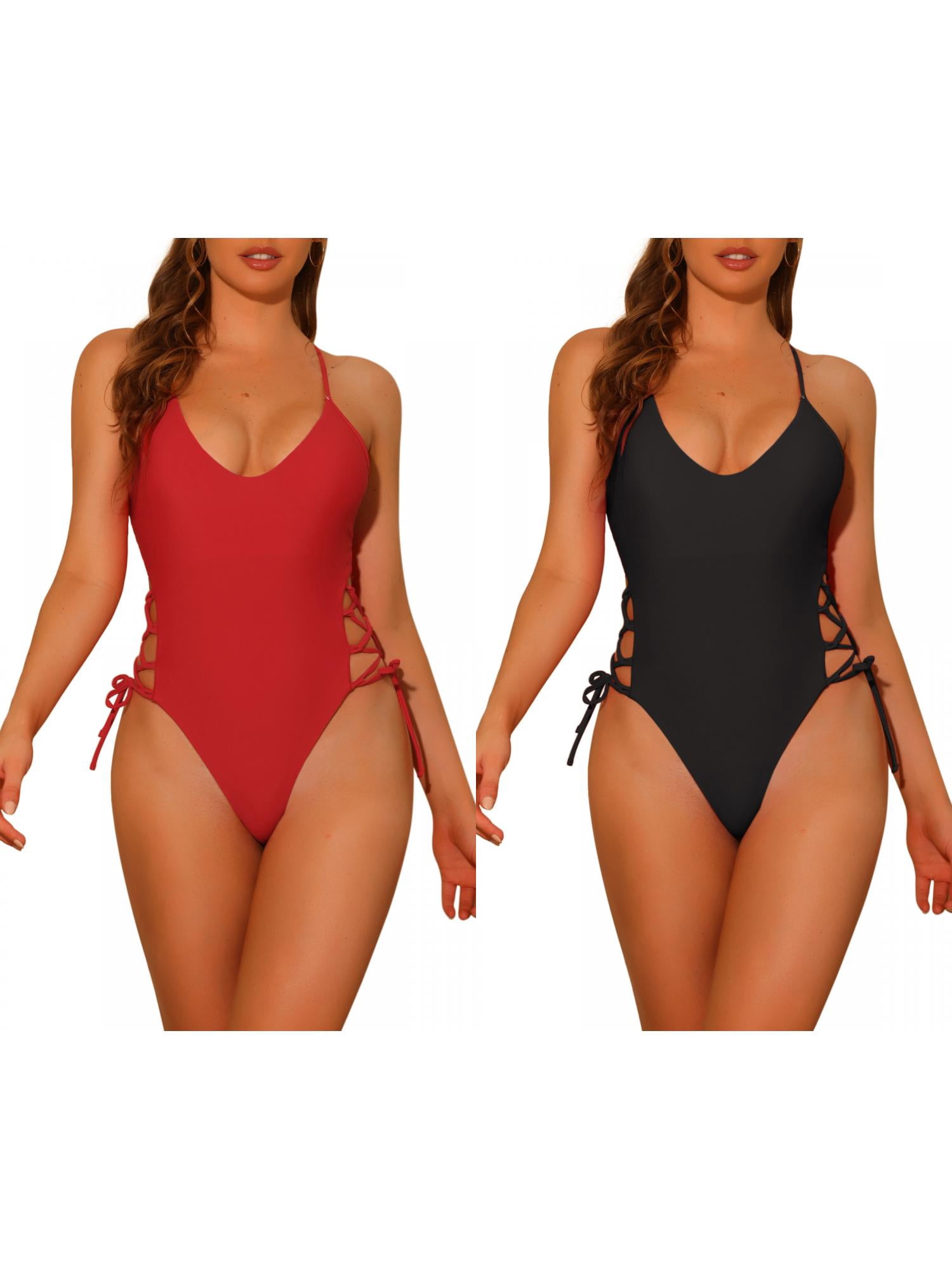 Women's 1 Piece Lace Up Criss Cross Bathing Suits Plunge Side Tie