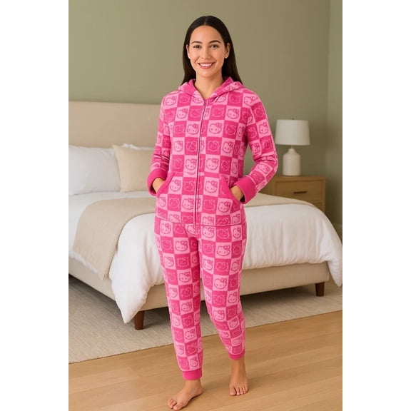Women's One-Piece Onesie Cozy Lounge Fleece Pajama in Pink / Hello Kitty Sanrio