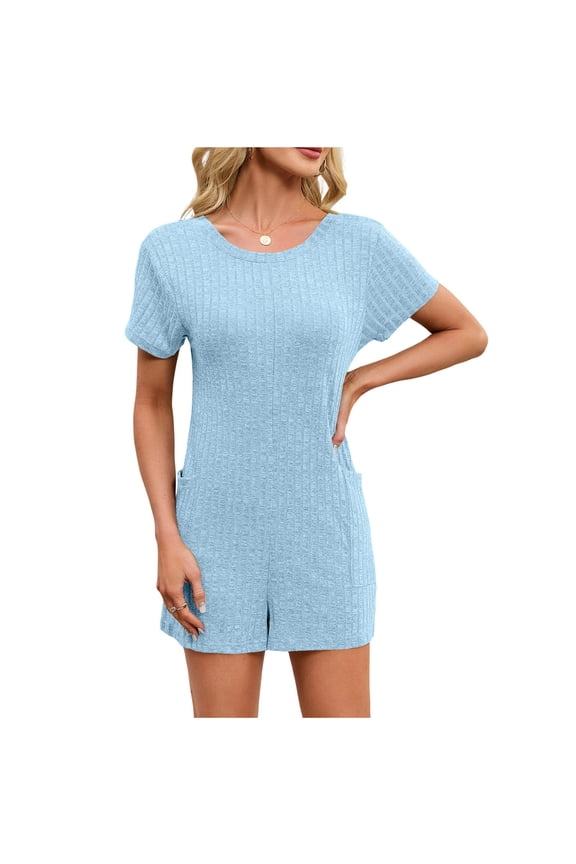 Women’s One Piece Pajama Romper Cute Lounge Onesie Slim Fit Short Sleeve Ribbed Home Sleepwear with Pockets