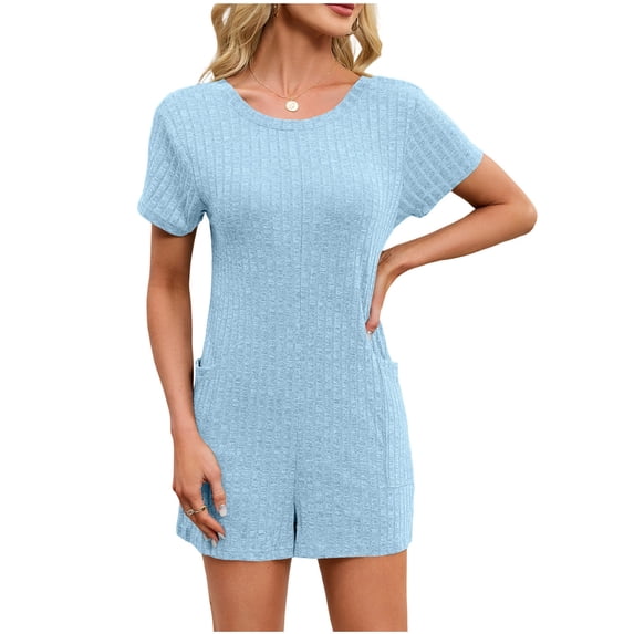 Women’s One Piece Pajama Romper Cute Lounge Onesie Slim Fit Short Sleeve Ribbed Home Sleepwear with Pockets