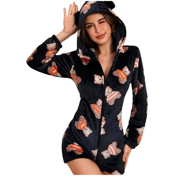 Women's One Piece Pajamas Hooded With Bear Ear Long Sleeve Short Pants Zip Up Casual Soft Fuzzy Print Home Wear (S, Black)