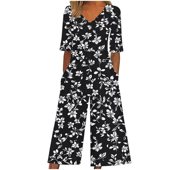 Women's One Piece Pants Casual Short Sleeve Floral Print V Neck Jumpsuit Back Zip Up Loose Fit Cropped Pants with Pocket