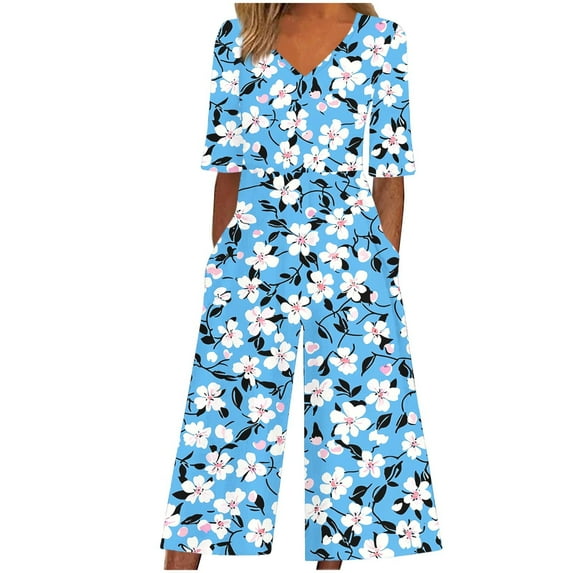 Women's One Piece Pants Casual Short Sleeve Floral Print V Neck Jumpsuit Back Zip Up Loose Fit Cropped Pants with Pocket