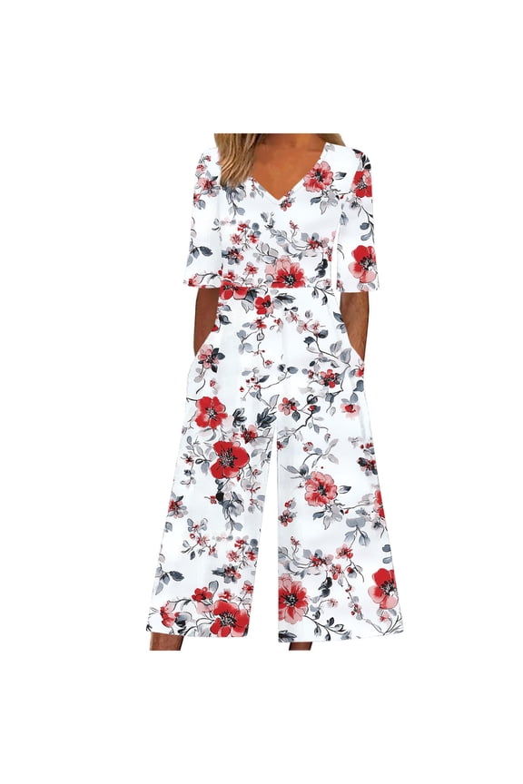 Women's One Piece Pants Casual Short Sleeve Floral Print V Neck Jumpsuit Back Zip Up Loose Fit Cropped Pants with Pocket