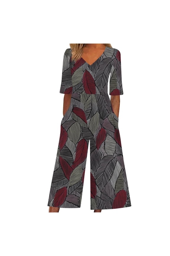 Women's One Piece Pants Casual Short Sleeve Floral Print V Neck Jumpsuit Back Zip Up Loose Fit Cropped Pants with Pocket