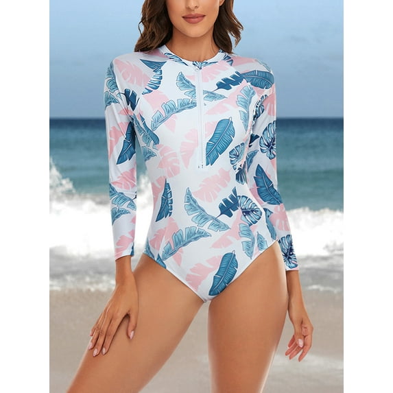 Women's One Piece Rashguard Swimsuit Floral Zip Front Surfing Shirt Sun Protection