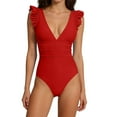 thumbnail image 1 of Women's One Piece Ruffle Swimsuit Tummy Control V Neck Bathing Suit Slimming Swim Casual Summer Swimwear Red XL, 1 of 5