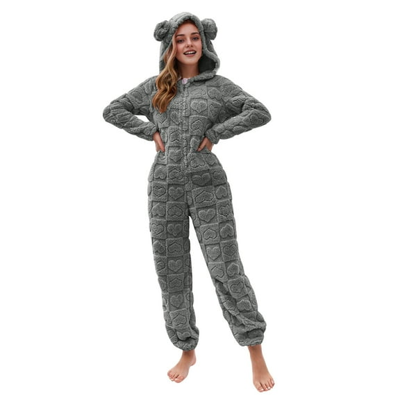 Women's One Piece Sherpa Onesie Pajamas Cute Heart Hoodie Jumpsuits Fuzzy Fleece Rompers Pjs Zipper Lounge Sleepwear with Ear