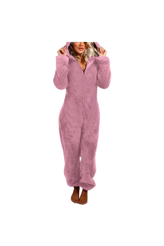 Women's One Piece Sleepwear Pajamas Autumn And Winter Solid Color Long Sleeved Zipper Hooded Romper