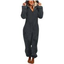 Women's One Piece Sleepwear Pajamas Autumn And Winter Solid Color Long Sleeved Zipper Hooded Romper
