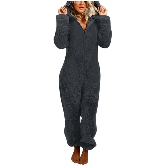Women's One Piece Sleepwear Pajamas Autumn And Winter Solid Color Long Sleeved Zipper Hooded Romper