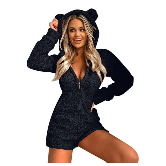 Women's One Piece Sleepwear Pajamas Printed Leopard Sleeve Ear Nightwear Animal Hooded Long Pyjamas Sleeve Sleepwear Homewear