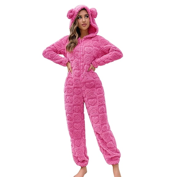 Women's One Piece Sleepwear Pajamas Warm Coral Fleece Hooded Long Sleeve for Fall And Winter Cozy Onesie Romper