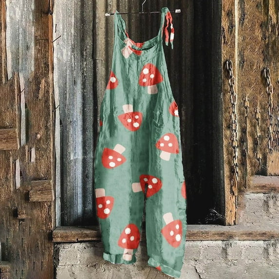 Women's One Piece Sleeveless Overalls Fashion Mushroom Print Jumpsuits 2023 Casual Loose Long Playsuits Rompers
