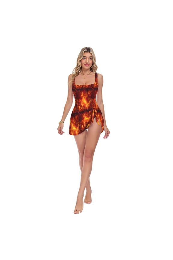 Women's One Piece Swim Dress Tummy Control Modest Swimsuit for Beach Pool Vacation S-3XL Dynamic Fire Flame Pattern