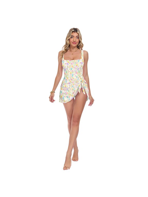 Women's One Piece Swim Dress Tummy Control Modest Swimsuit for Beach Pool Vacation S-3XL Easter Bunny Egg Floral Pattern