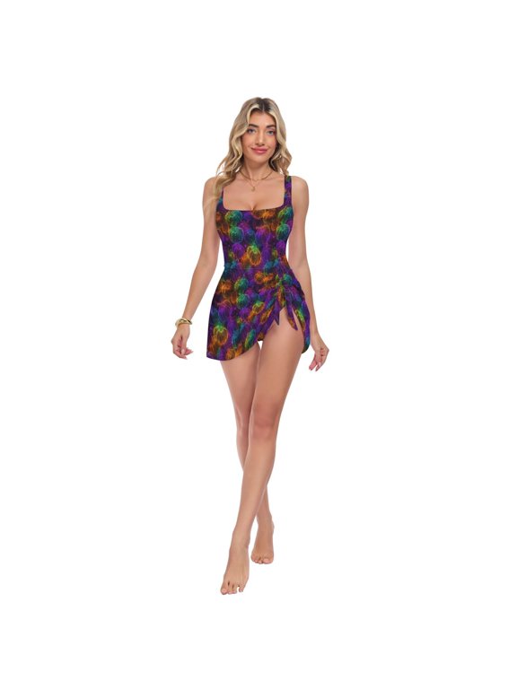 Women's One Piece Swim Dress Tummy Control Modest Swimsuit for Beach Pool Vacation S-3XL Neon-glowing Pumpkins Pattern