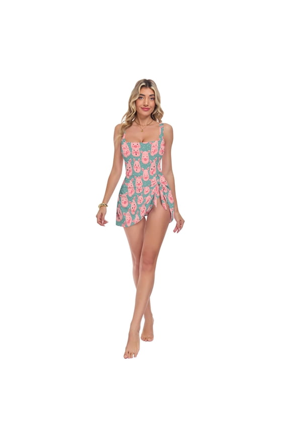 Women's One Piece Swim Dress Tummy Control Modest Swimsuit for Beach Pool Vacation S-3XL Piggy Moods Pattern
