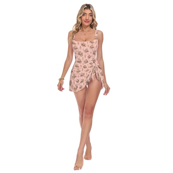 Women's One Piece Swim Dress Tummy Control Modest Swimsuit for Beach Pool Vacation S-3XL Pink Leopard Cowboy Hat Pattern