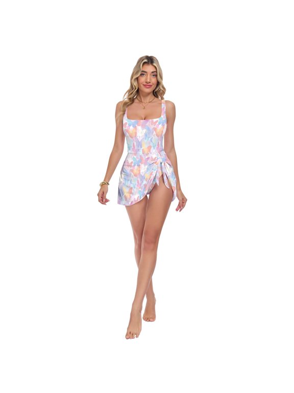 Women's One Piece Swim Dress Tummy Control Modest Swimsuit for Beach Pool Vacation S-3XL Rainbow Pastel Butterfly Dance