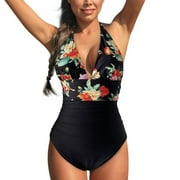 JTCKARPU Women's One-Piece Swim Suits Swimming Suits Flower Printed Tummy Control Bikinis for Women