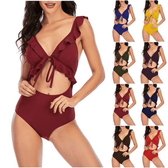 Women's One Piece Swimsuit Backless Tummy Control Cutout High Waist Swim Suits Ruffles Adjustable Straps Solid Color Womens Swimsuit