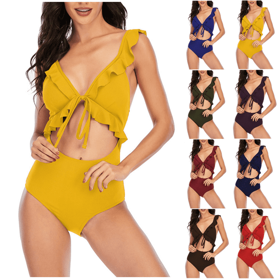 Women's One Piece Swimsuit Backless Tummy Control Cutout High Waist Swim Suits Ruffles Adjustable Straps Solid Color Womens Swimsuit