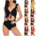 thumbnail image 1 of Women's One Piece Swimsuit Backless Tummy Control Cutout High Waist Swim Suits Ruffles Adjustable Straps Solid Color Womens Swimsuit, 1 of 6