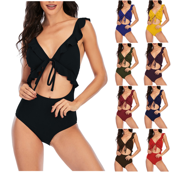 Women's One Piece Swimsuit Backless Tummy Control Cutout High Waist Swim Suits Ruffles Adjustable Straps Solid Color Womens Swimsuit