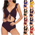 thumbnail image 1 of Women's One Piece Swimsuit Backless Tummy Control Cutout High Waist Swim Suits Ruffles Adjustable Straps Solid Color Womens Swimsuit, 1 of 6