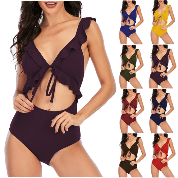 Women's One Piece Swimsuit Backless Tummy Control Cutout High Waist Swim Suits Ruffles Adjustable Straps Solid Color Womens Swimsuit