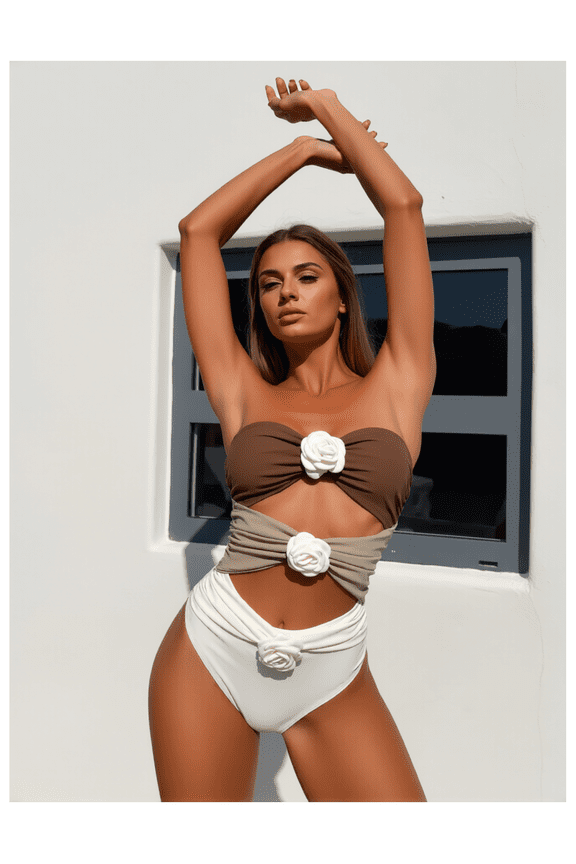 Women's One Piece Swimsuit Bandeau Bathing Suit - 3D Rose Accent, Color Block Design, Ruched Swimwear for Women, Elegant Swimsuit for Beach & Pool