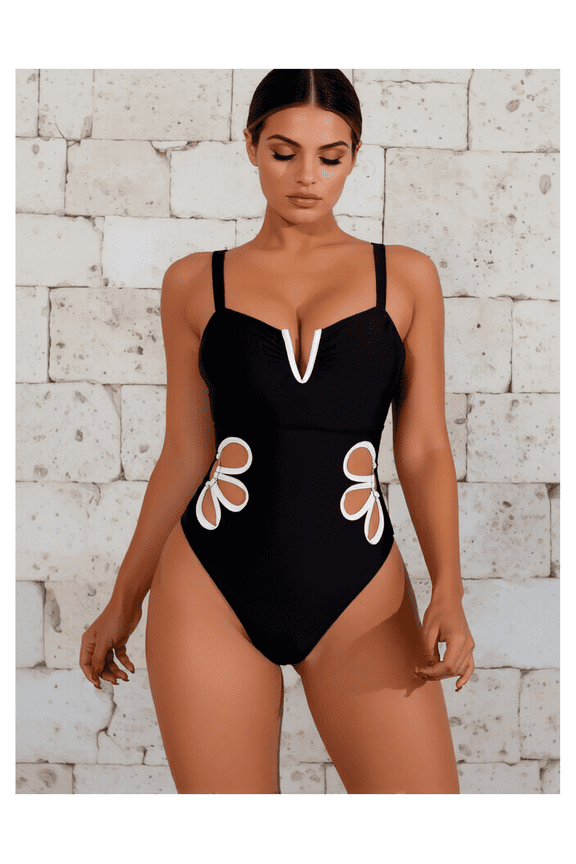 Women's One Piece Swimsuit Black & White Cutout Plunging V Neck Bathing Suit Floral Print Swimwear for Women Sexy Swimsuit