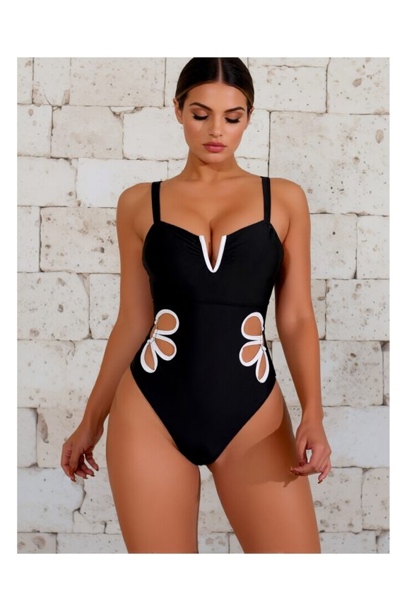 Women's One Piece Swimsuit Black & White Cutout Plunging V Neck Floral Bathing Suit for Women Sexy Swimwear Summer Beach Pool