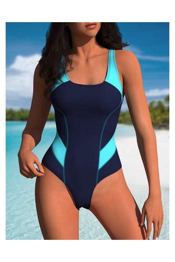 Women's One Piece Swimsuit Color Block Slimming Bathing Suit Midriff Cutout Swimwear for Women Flattering Retro Swimsuit