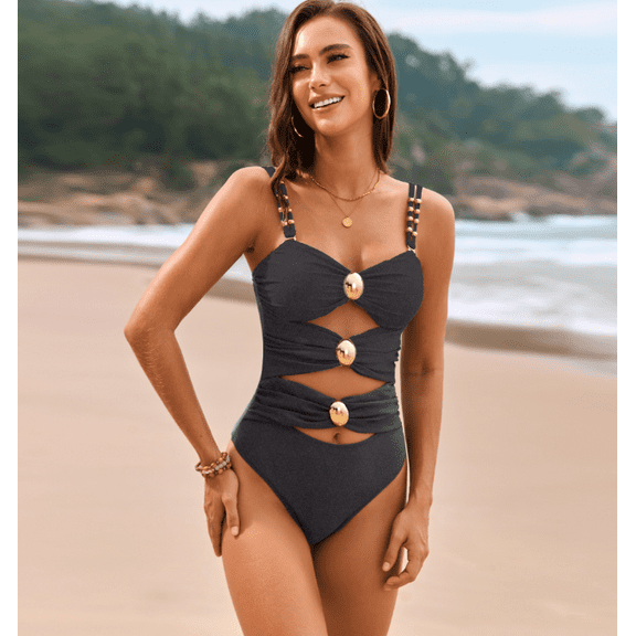Women's One Piece Swimsuit Colorblock Metal Button Tummy Control Bathing Suit Sexy Cut Out Double Straps Swimdresse