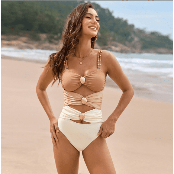 Women's One Piece Swimsuit Colorblock Metal Button Tummy Control Bathing Suit Sexy Cut Out Double Straps Swimdresse