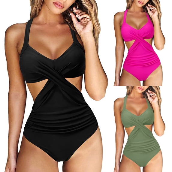 Women's One Piece Swimsuit Cross Front Cutout High Waisted Sexy Backless Monokini for Beach Pool Vacation,Hot Pink,M