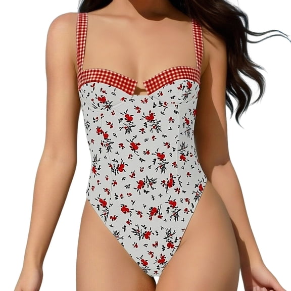 Women's One Piece Swimsuit Cute Adjustable Strap V Neck Printed Tummy Control Bathing Suit High Cut Swimsuits White L