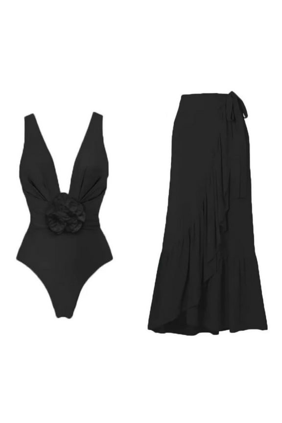 Women's One Piece Swimsuit Deep V Neck Bathing Suits Fashion Soft Solid Color Quick Dry Swim Suit with Bra (Black XL)