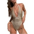 thumbnail image 1 of Women's One Piece Swimsuit Deep V Neck Bathing Suits Fashion Soft Solid Color Quick Dry Swim Suit with Bra (Gold M), 1 of 5
