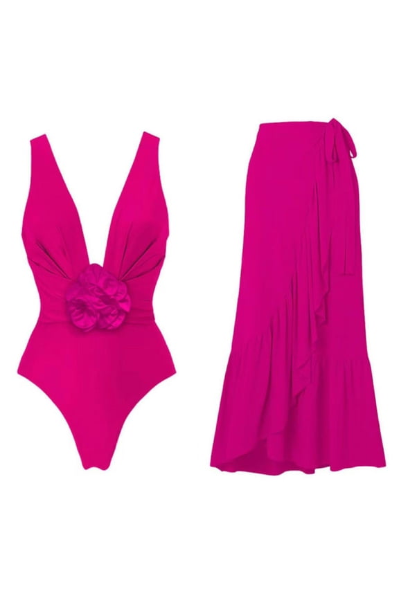 Women's One Piece Swimsuit Deep V Neck Bathing Suits Fashion Soft Solid Color Quick Dry Swim Suit with Bra (Hot Pink L)