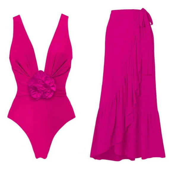 Women's One Piece Swimsuit Deep V Neck Bathing Suits Fashion Soft Solid Color Quick Dry Swim Suit with Bra (Hot Pink S)