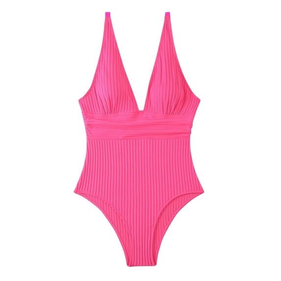 Women's One Piece Swimsuit Fashion Deep V Neck Adjustable Straps Bathing Suit Low Back Beach Swimwear (S, Pink)