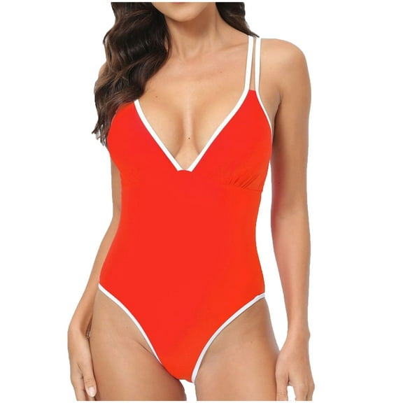 Women's One Piece Swimsuit Fashion V Neck Criss-Cross Back Bathing Suit Low Back Beach Vacation Swimwear (L, Orange)