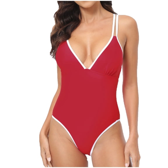 Women's One Piece Swimsuit Fashion V Neck Criss-Cross Back Bathing Suit Low Back Beach Vacation Swimwear (XL, Red)