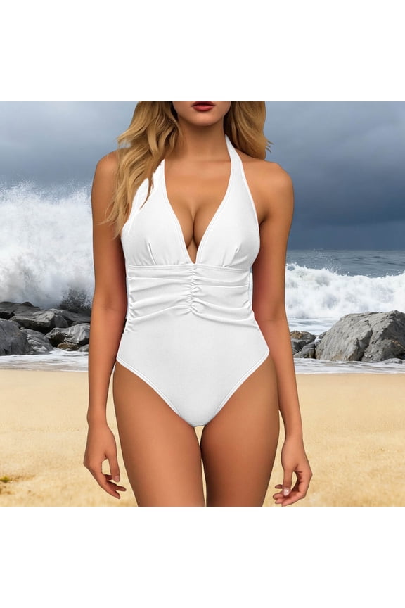 Women's One Piece Swimsuit Halter Plunging Deep V Neck Bathing Suit Bodycon Ruched Adjustable Straps